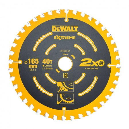 Диск циркулярен за рязане DeWALT на дърво фино напречно надлъжно с HM пластини 165 мм, 20 мм, 1.65 мм, 40 z, Extreme
