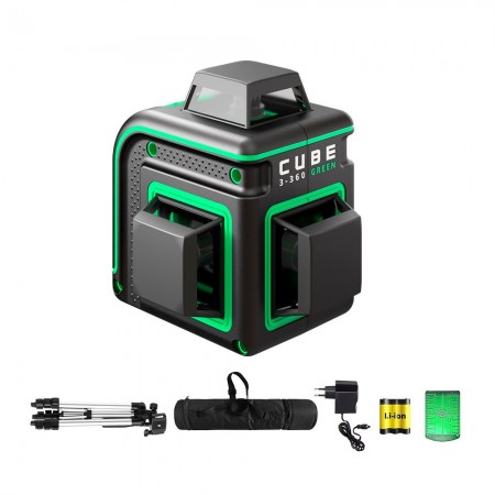 Лазерен нивелир ADA CUBE 3-360 GREEN Professional Edition, 3 × 360°, 40 m, до 70 m с приемник, статив, ADA CUBE 3 360 GR PE