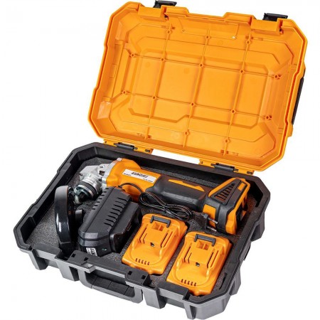 Акумулаторен безчетков ъглошлайф Baukraft BK-BAG73, 18 V, 2х4 Ah, 125 мм, с батерии, зарядно и куфар