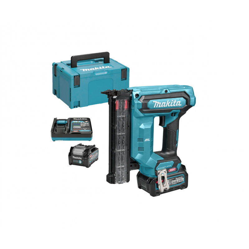 Такер Makita акумулаторен за гвоздеи с 2 батерии и зарядно, 40 V, 2 Ah, 18GA, 15-40 мм, FN001GA201 - Акумулаторни такери за пирони