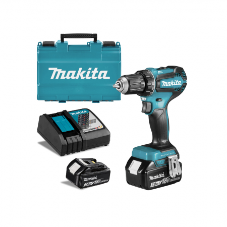 Акумулаторен винтоверт Makita с колекторен двигател с 2 батерии и зарядно, 18 V, 3 Ah, 62 Nm, 1.5-13 мм, DDF482RFE