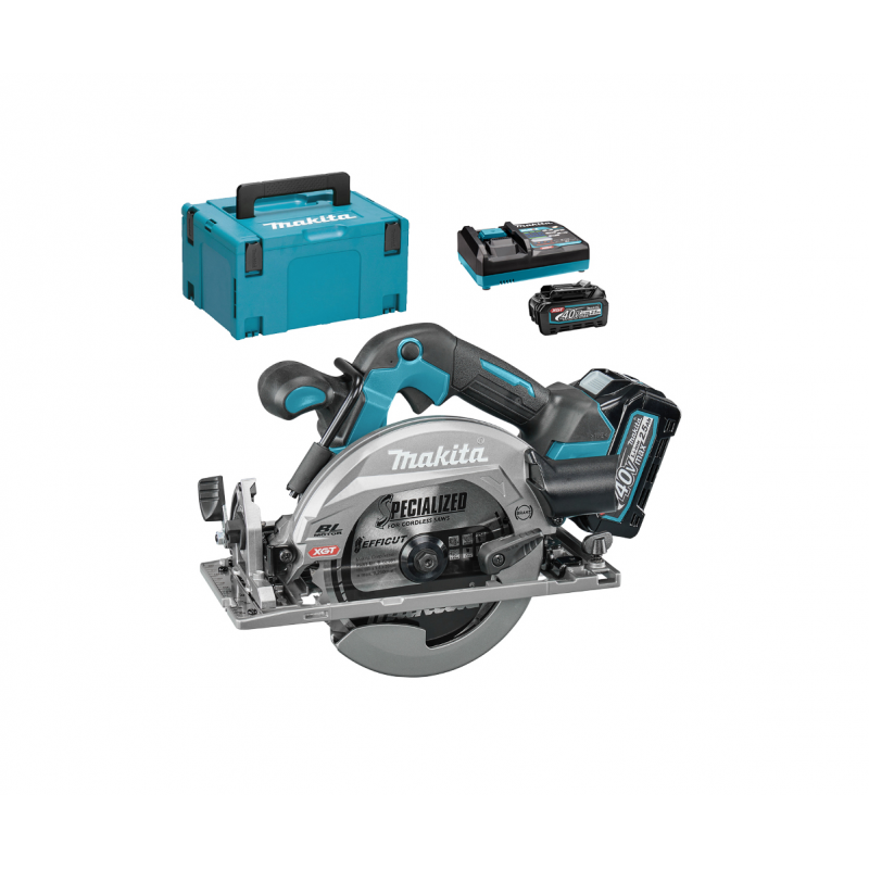 Акумулаторен ръчен циркуляр Makita с 2 батерии и зарядно, 40 V, 2.5 Ah, 165 мм, 5200 об./мин, HS012GD201 - Акумулаторни ръчни циркуляри
