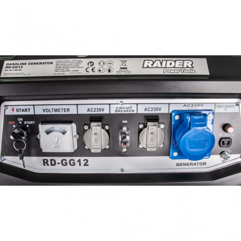 Монофазен бензинов генератор за ток Raider RD-GG12, 7.5 kW, 25 л, с ел. старт - Монофазни генератори