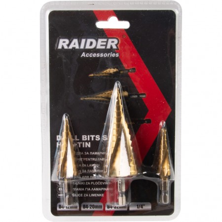 Комплект стъпаловидни свредла за ламарина Raider 150685, 4-12, 4-20, 4-32 мм