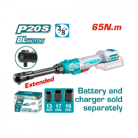 Акумулаторна удължена тресчотка TOTAL, 3/8", 20 V, 65 Nm, без батерия, TL IND TDRLI206529