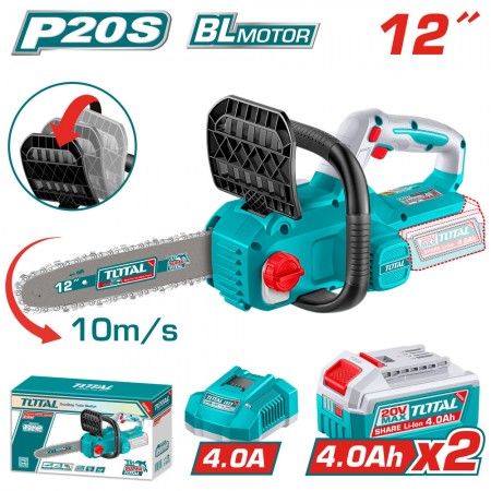 Акумулаторен верижен трион TOTAL, 20 V, 12" (30 cm), безчетков, 2 × 4 Ah, TL IND TGSLI201262E