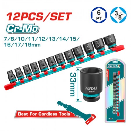 Комплект шестостенни ударни вложки TOTAL, Cr-Mo, 3/8", 12 части, 7–19 мм, дължина 33 мм, с държач, TL IND THTISD38128