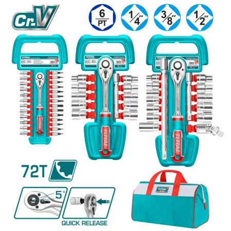 Комплект тресчотки и вложки TOTAL, 1/4", 3/8", 1/2", 57 части, Cr-V, 72 зъба, с чанта, TL IND TOS23092