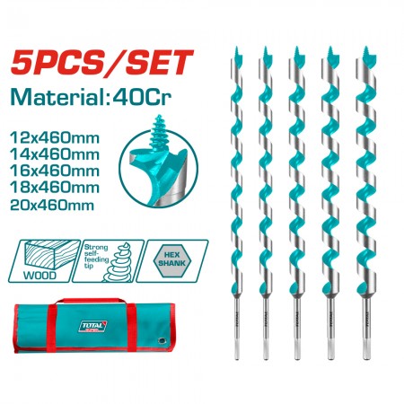 Комплект свредла за дърво TOTAL тип LEWIS, Ø 12-20 mm, 460 mm, HEX, 40Cr стомана, 5 части, TL IND TAC0501