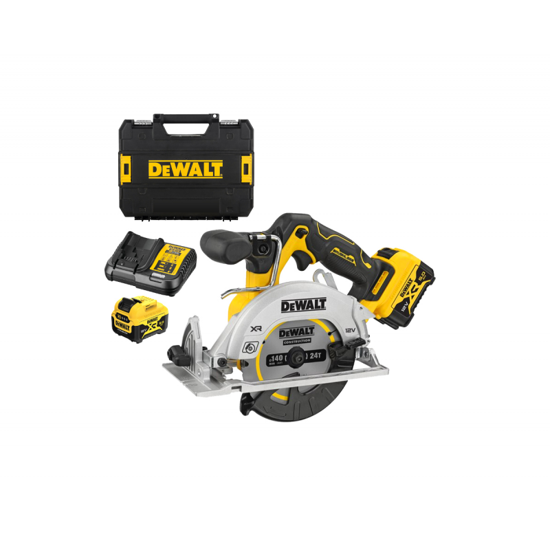 Акумулаторен ръчен циркуляр DeWALT с 2 батерии и зарядно, 12 V, 5 Ah, ф 140 мм, 3600 об./мин, 50 °, DCS512P2 - Акумулаторни ръчни циркуляри