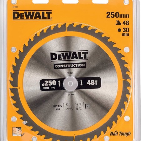 Диск циркулярен за рязане DeWALT на дърво фино напречно надлъжно с HM пластини 250 мм, 30 мм, 3 мм, 48 z, Construction