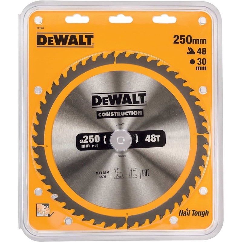 Диск циркулярен за рязане DeWALT на дърво фино напречно надлъжно с HM пластини 250 мм, 30 мм, 3 мм, 48 z, Construction - Циркулярни дискове за дърво