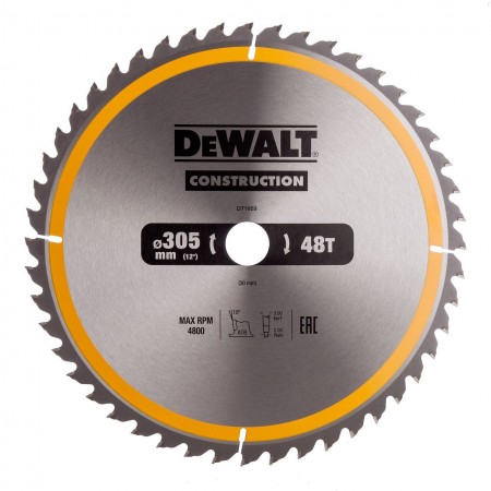 Диск циркулярен за рязане DeWALT на дърво напречно надлъжно с HM пластини 305 мм, 30 мм, 3 мм, 48 z, Construction