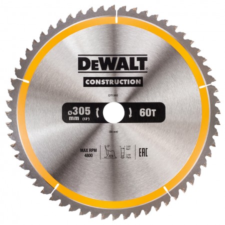 Диск циркулярен за рязане DeWALT на дърво фино напречно с HM пластини 305 мм, 30 мм, 2 мм, 60 z Construction