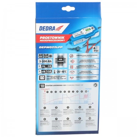 Автоматично зарядно устройство за акумулатори Dedra DEPM022LFP, 6/12V, 10A, LCD, LiFePO4 / LFP, 3-200Ah