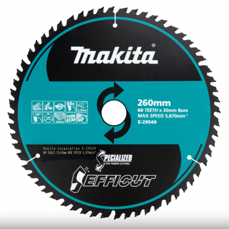 Циркулярен диск за дърво Makita EFFICUT E-29549,  Ø 260 мм, вътрешен отвор 30 мм, 60 зъба
