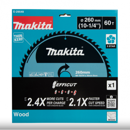 Циркулярен диск за дърво Makita EFFICUT E-29549,  Ø 260 мм, вътрешен отвор 30 мм, 60 зъба