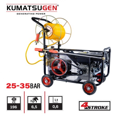 Мобилна бензинова пръскачка KUMATSUGEN KGS115, четиритактова, 196 см3, 6,5 к.с., 4.85 kW, 45 л/мин., макара и маркуч 30 м